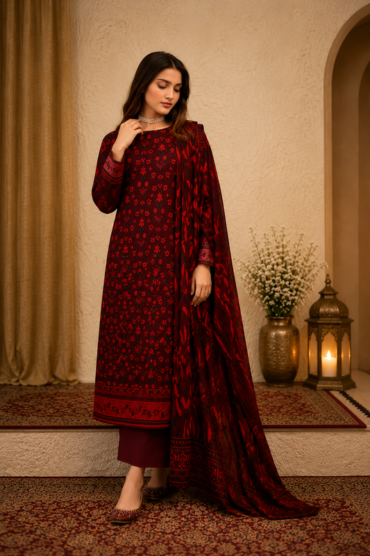 Mother & Daughter Matching Maroon Lawn Suit | 3 Piece Set