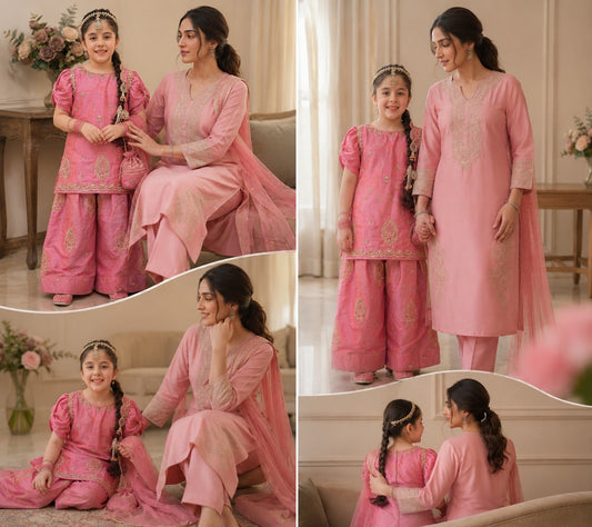Pink Matching Family Outfit | Mother & Daughter Embroidered Suit Collection