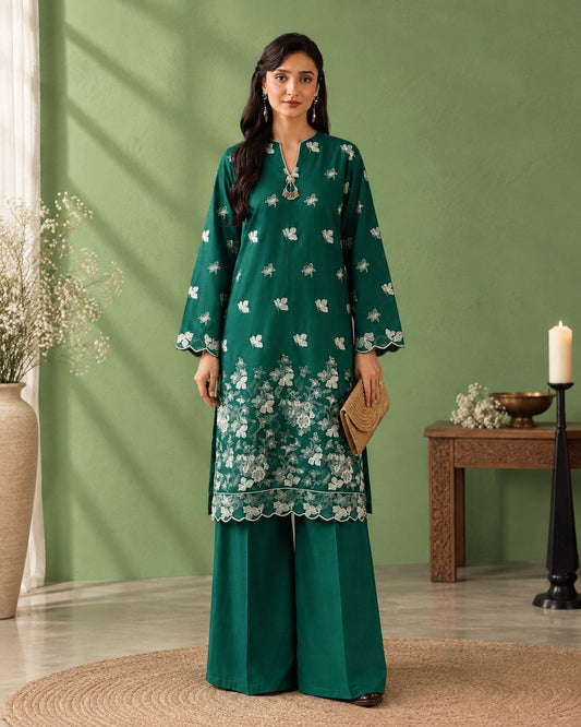 Laarfe | Deep Emerald White Floral 2-Piece Unstitched Suit