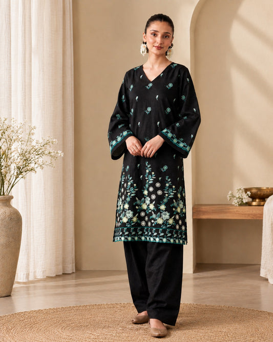 Laarfe | Deep Black Teal Botanical 2-Piece Unstitched Suit