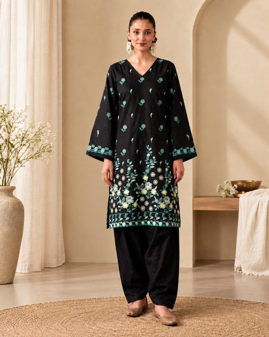 Laarfe | Deep Black Teal Botanical 2-Piece Unstitched Suit