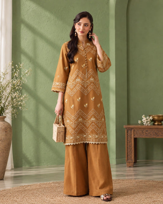 Laarfe | Mustard Gold Cream Embroidery 2-Piece Unstitched Suit