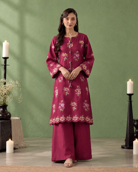 Laarfe | Deep Magenta Floral Embroidery 2-Piece Unstitched Suit