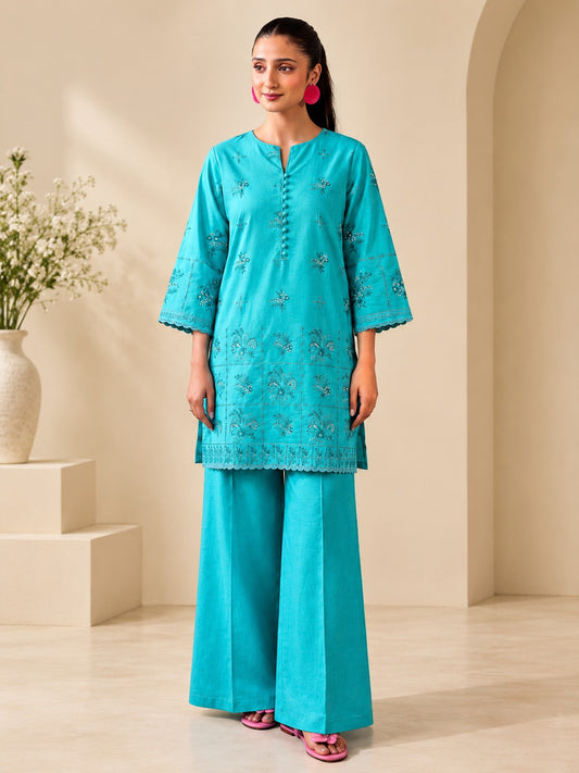 Laarfe | Bright Turquoise Embroidery 2-Piece Unstitched Suit