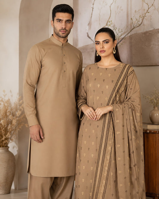 Couple Matching Outfit Set | Men's Beige Kurta & Women's 3 Piece Printed Suit | Pakistani Ethnic Wear