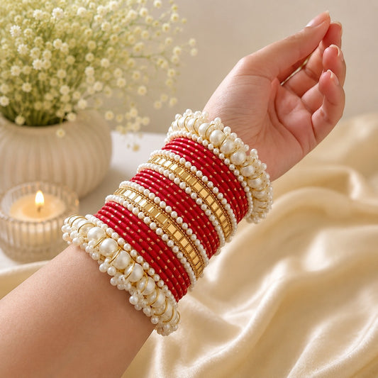 Red Pearl & Gold Embellished Bangles