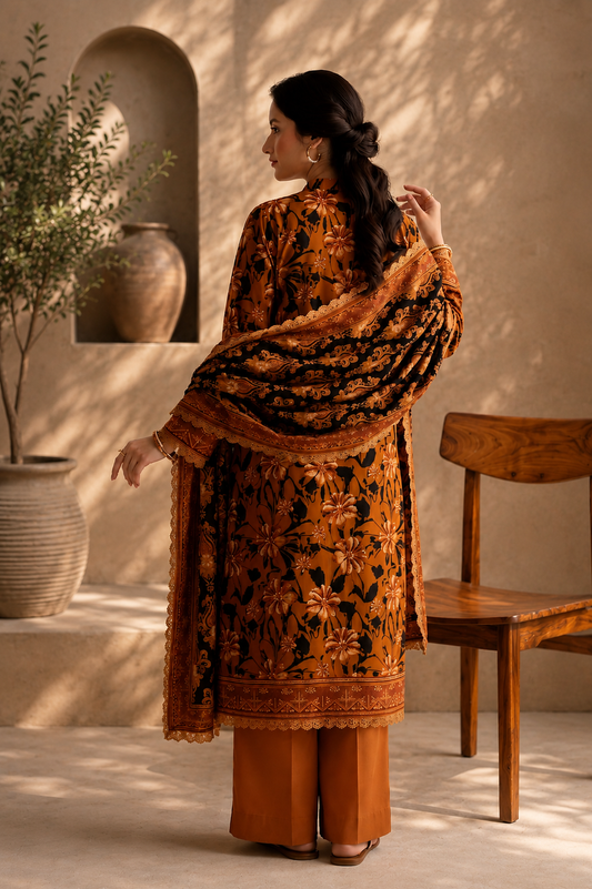 SIRAT | Burnt Orange Floral & Black Printed 3-Piece Unstitched Lawn Collection