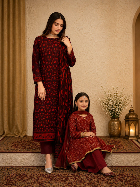 Mother & Daughter Matching Maroon Lawn Suit | 3 Piece Set
