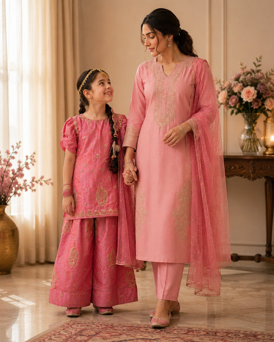 Pink Matching Family Outfit | Mother & Daughter Embroidered Suit Collection