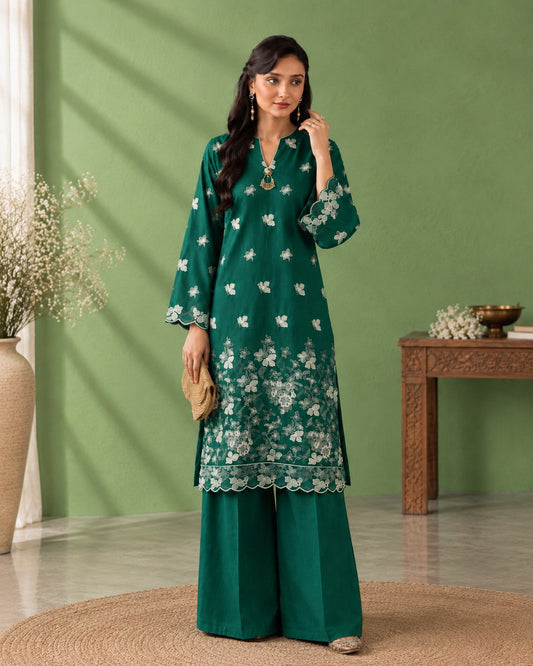 Laarfe | Deep Emerald White Floral 2-Piece Unstitched Suit