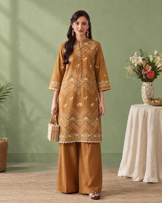 Laarfe | Mustard Gold Cream Embroidery 2-Piece Unstitched Suit