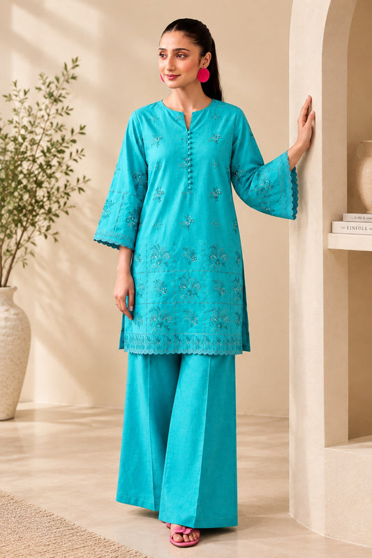Laarfe | Bright Turquoise Embroidery 2-Piece Unstitched Suit