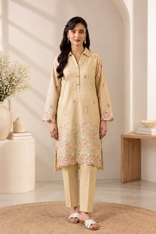 Laarfe | Soft Beige Floral Embroidery 2-Piece Unstitched Suit