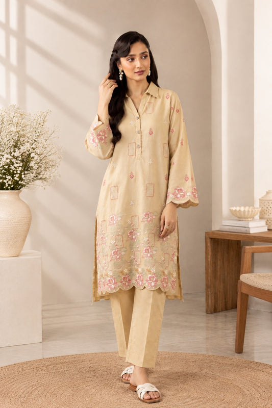 Laarfe | Soft Beige Floral Embroidery 2-Piece Unstitched Suit