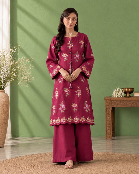 Laarfe | Deep Magenta Floral Embroidery 2-Piece Unstitched Suit