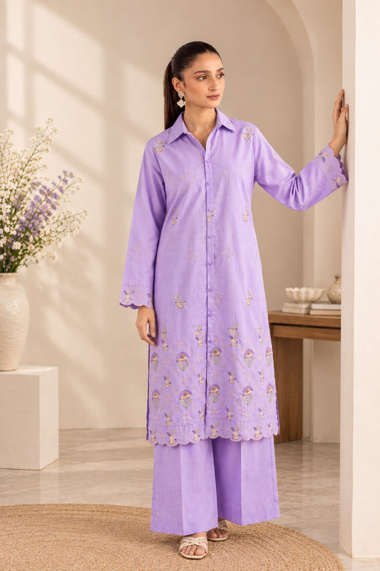 Laarfe | Soft Lavender Floral Embroidery 2-Piece Unstitched Suit